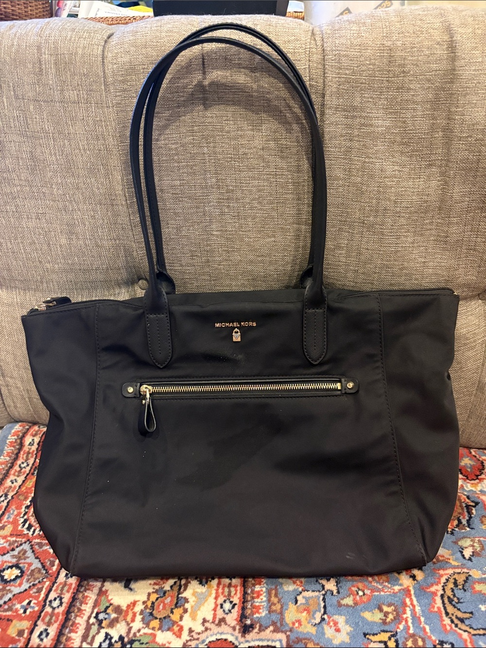 Michael Kors Kelsey Black Nylon Shoulder Tote with Front Zip, leather trim.